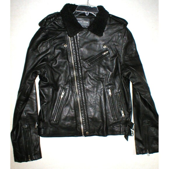 New NWT Mens Designer Slate & Stone Leather Shearling Moto Jacket XL Black Silve - Picture 1 of 7